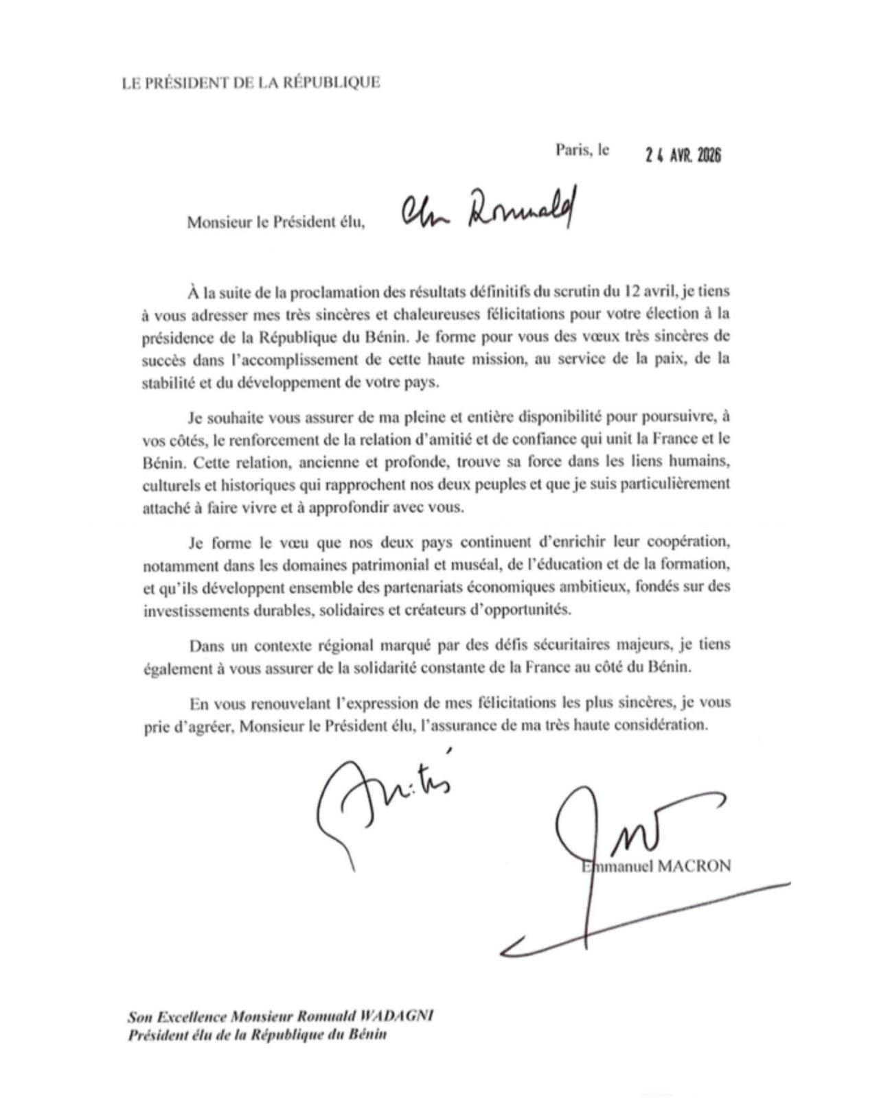 Signature d'un accord de partenariat entre la France et le Bénin