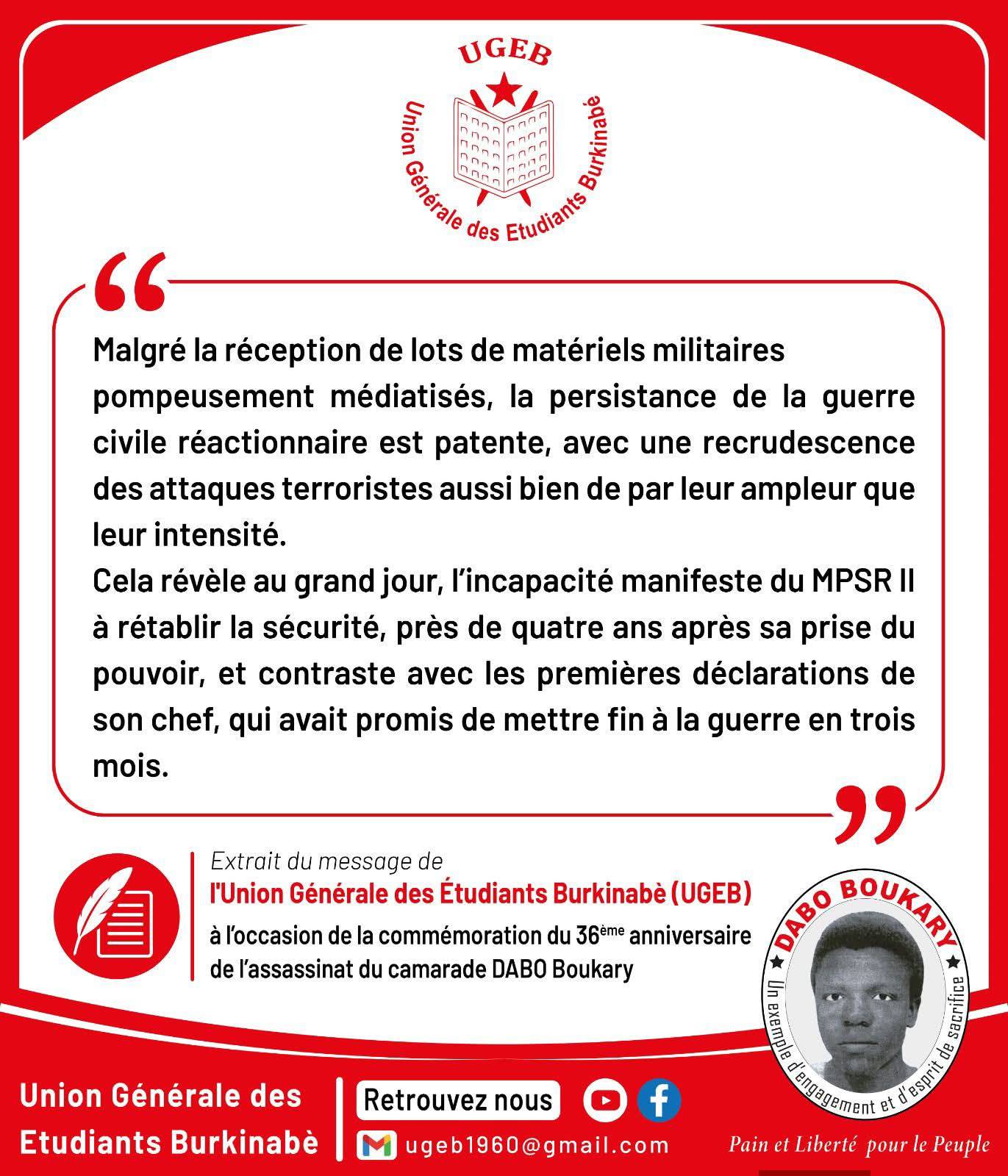 Crise au Burkina Faso : l&rsquo;UGEB dénonce l&rsquo;échec de la stratégie sécuritaire du MPSR II