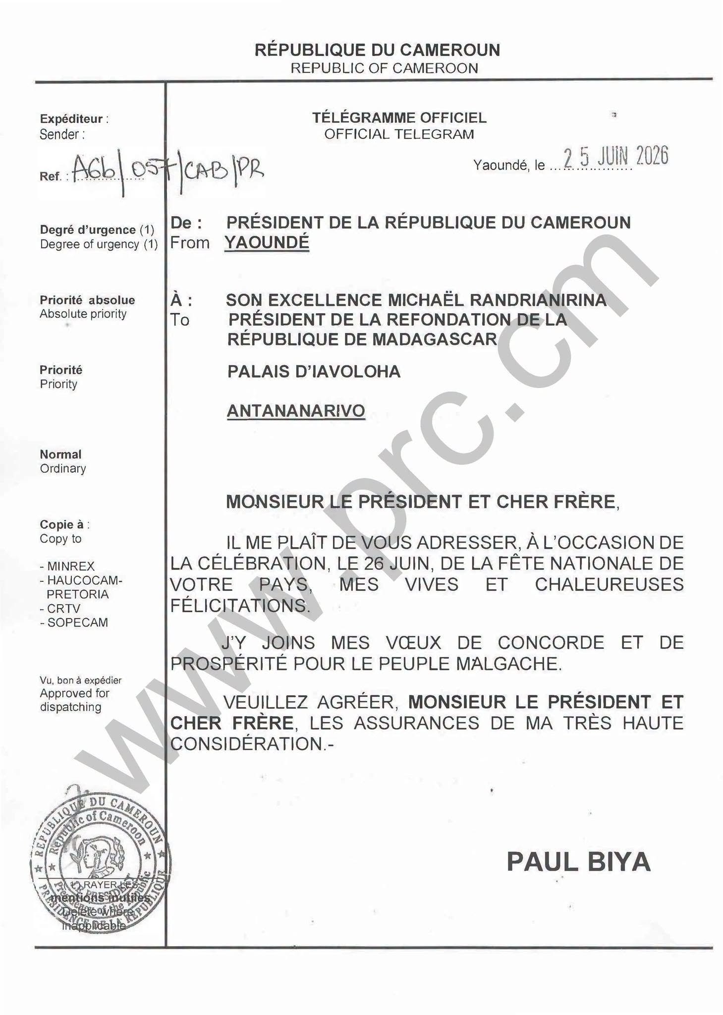 Message de félicitations du Président Paul Biya à Son Excellence Michaël Randrianirina