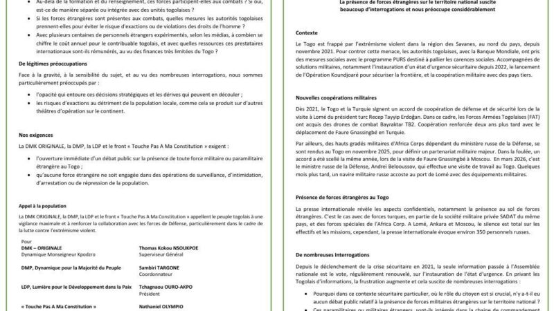 Togo : les forces militaires étrangères sous le feu des questions