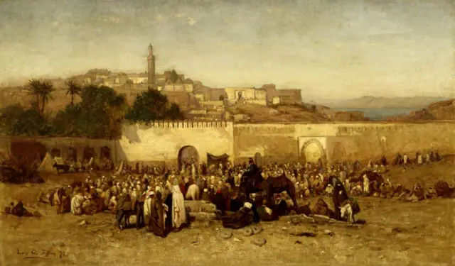 Scène d'un marché à Tanger au XIXe siècle, illustrant les échanges commerciaux historiques.