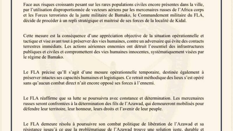 Kidal : le FLA se retire et ouvre une nouvelle donne dans la guerre du Nord-Mali