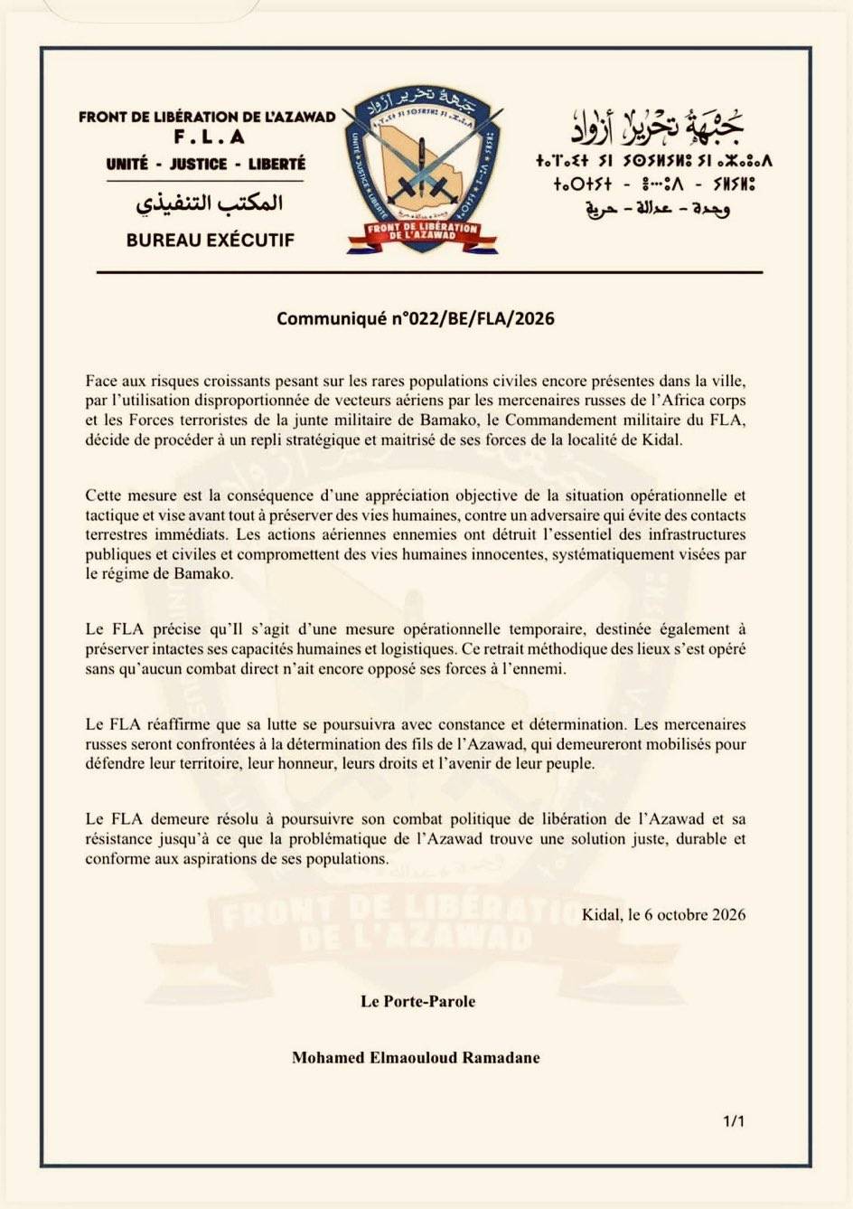 Kidal : le FLA se retire et ouvre une nouvelle donne dans la guerre du Nord-Mali